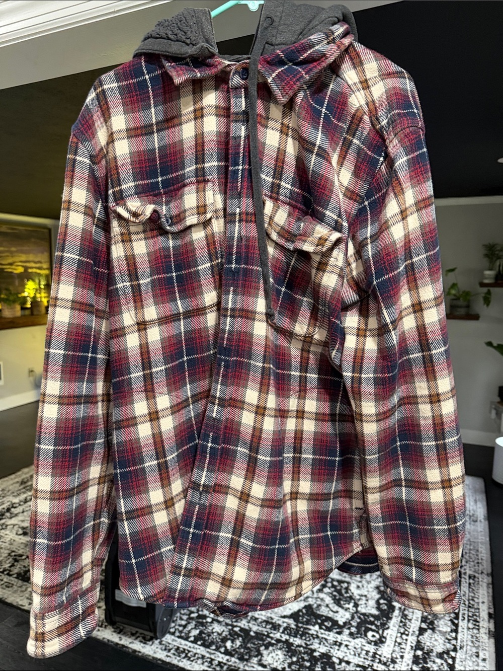 Men’s Plaid Hooded Flannel Shacket - Burgundy, Navy & Cream